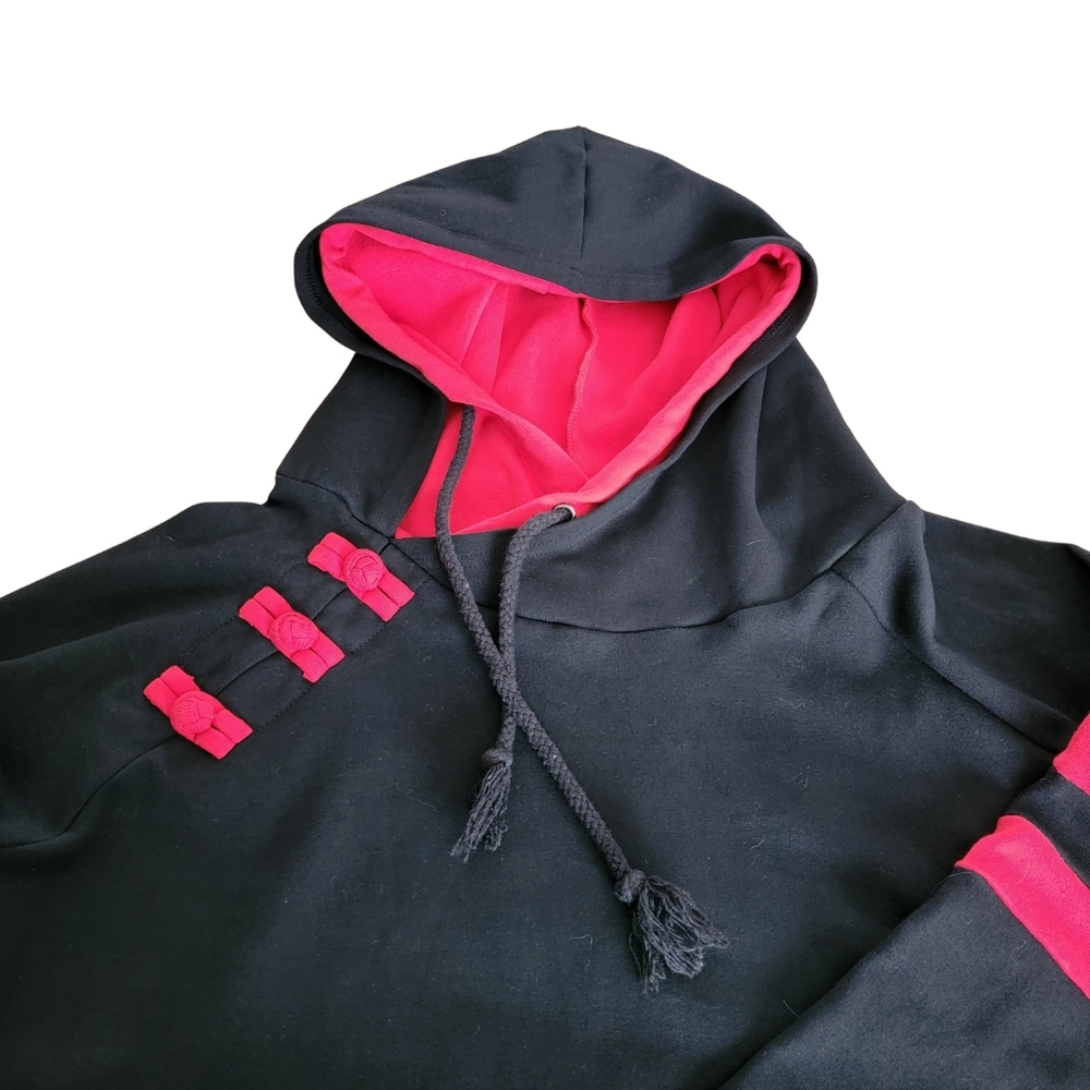 Womens Hoodie Black With Red Details Slim Fit Double Hood Fits Sz 1X/2X - Picture 4 of 14
